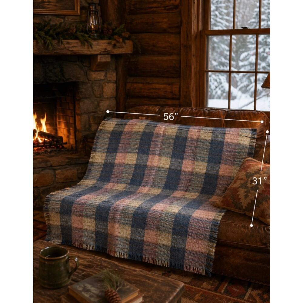 Vintage Murray Brothers Scottish Woolens Plaid Wool Blanket 31” X 56” Blue Pink